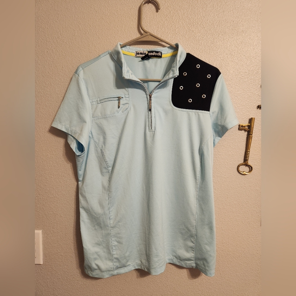 Jamie Sadock Golf Shirt Women L 1/4 Zip Light Blue Short Sleeve Zip Pocket Metal